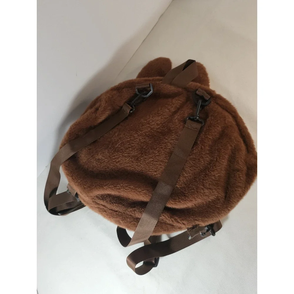 Plush Monster Character Faux Fur Backpack Brown Embroidered Face Red Nose